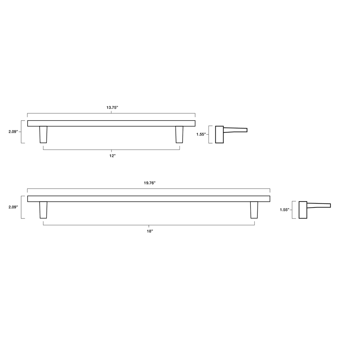Tech specs with dimensions for Hapny Half Moon Appliance Pull in 12" and 18" center to center sizes for all finishes