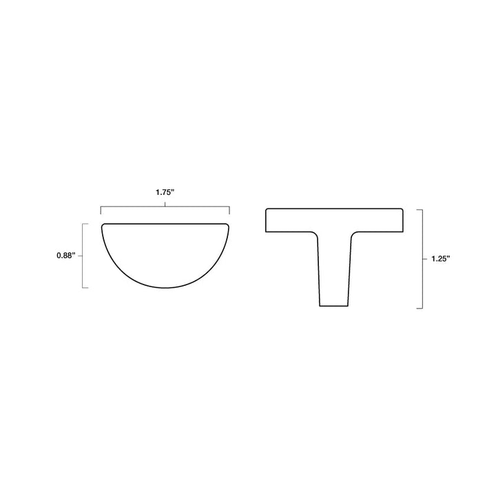 Tech specs with dimensions for Hapny Half Moon Knob in all finishes