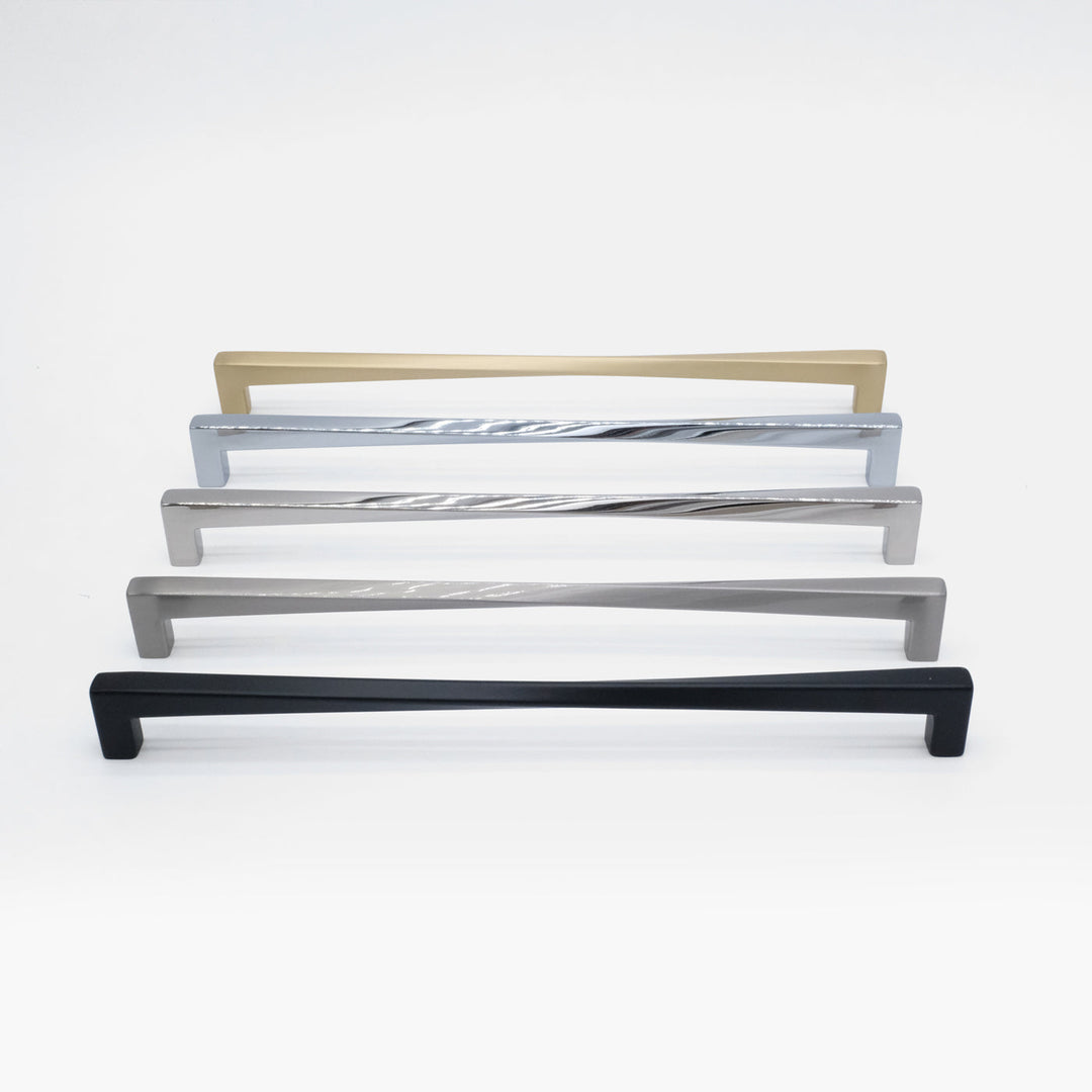 Five twisted appliance pulls arranged in a line, one in each offered finish