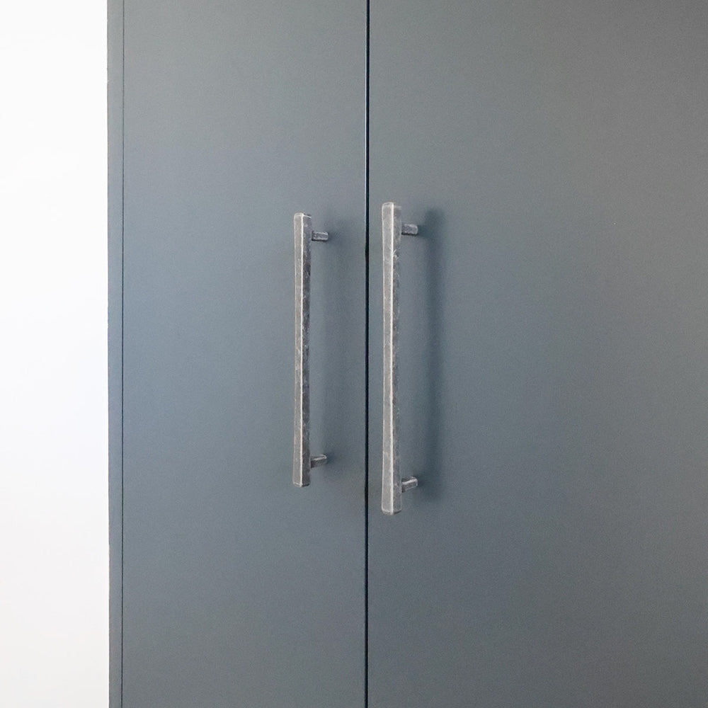Weathered Nickel Handles on Aqua Kitchen Cupboard.