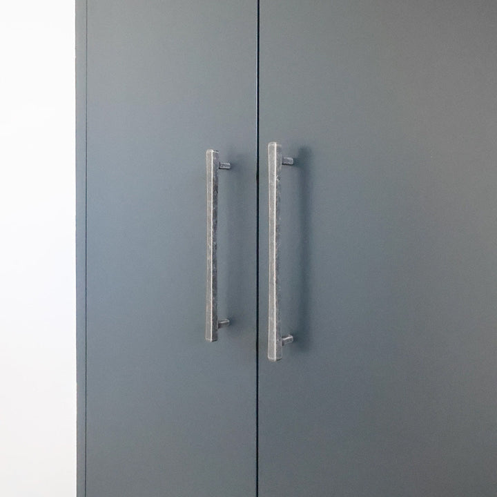 Weathered Nickel Handles on Aqua Kitchen Cupboard.